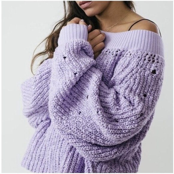 Free People Pandora’s Boat Neck Oversized Slouchy Knit Purple Pullover Sweater - Picture 1 of 11